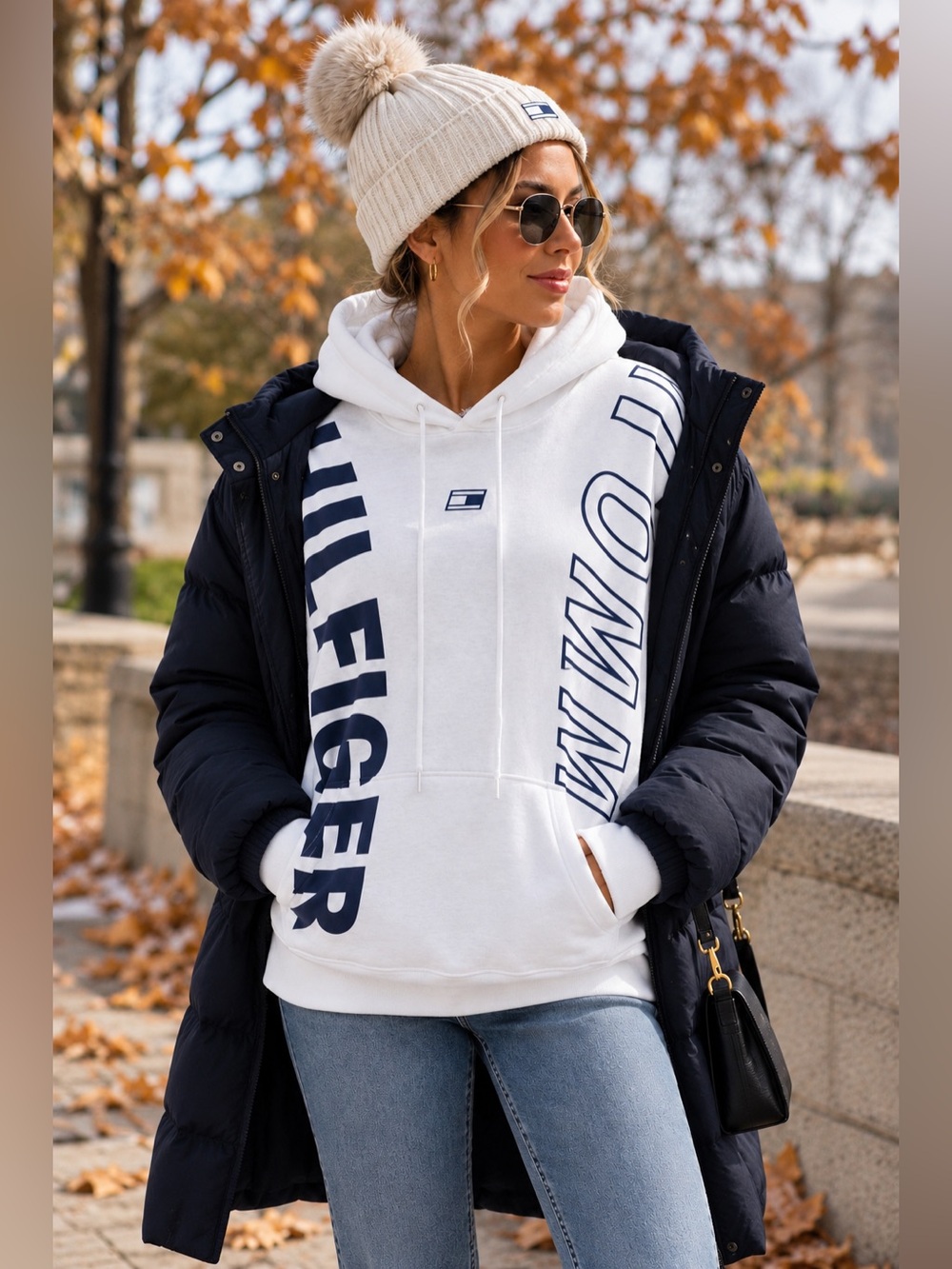 Tommy Hilfiger Sport Oversized Logo Hoodie Women’s Large White Navy